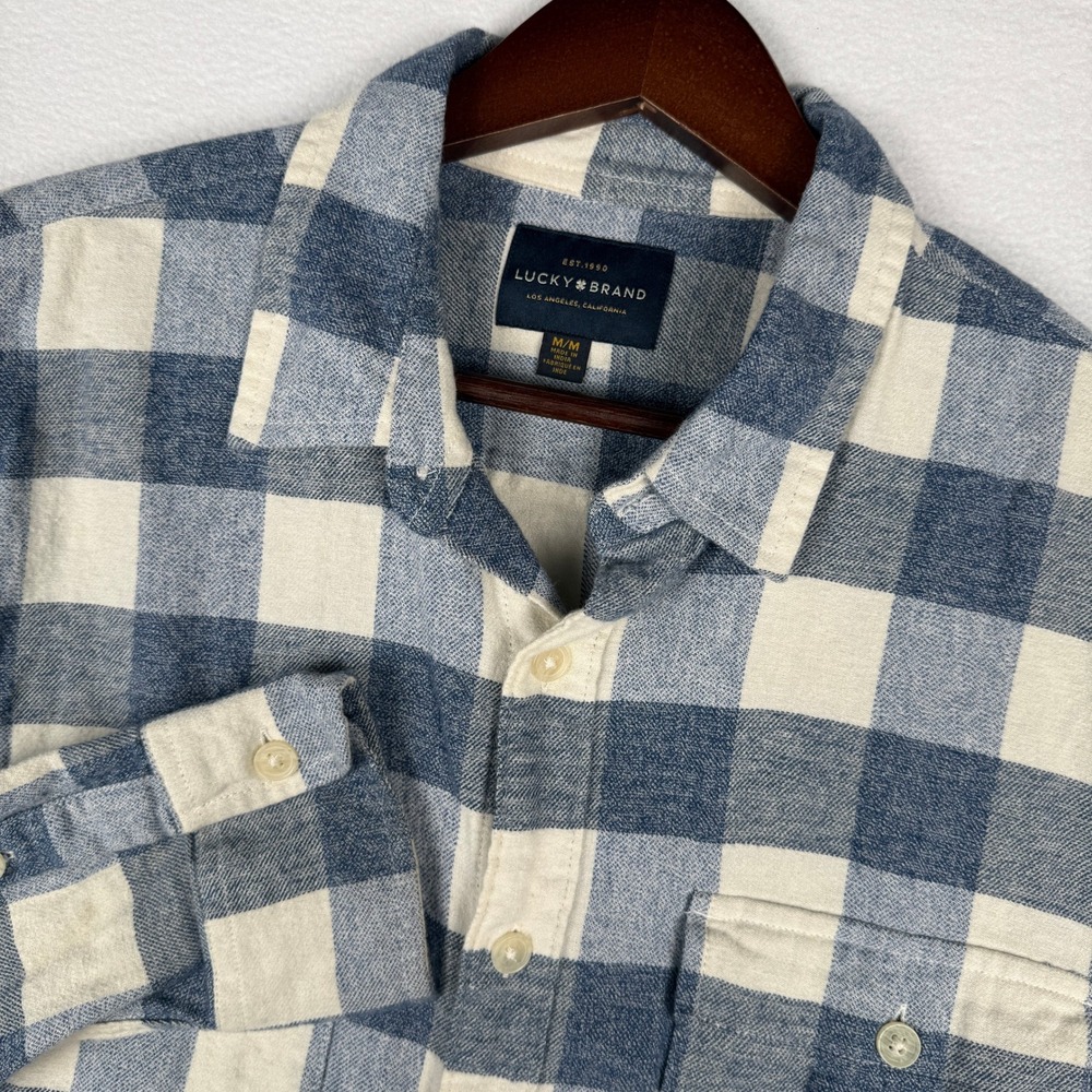 Lucky Brand Flannel Work Shirt Mens M Blue Cream Buffalo Plaid Chest Pockets